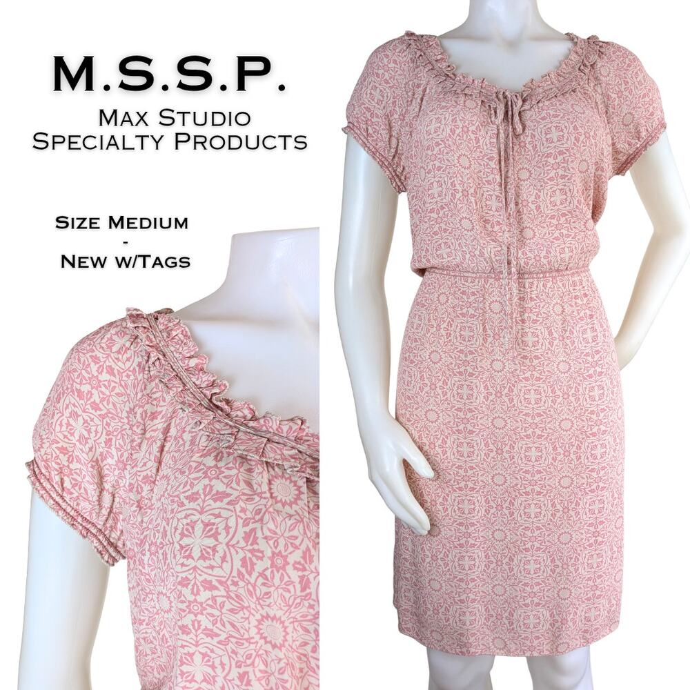 M.S.S.P Max Studio Sheath Dress Medium Pink Cream Floral Cottagecore Ruffled NEW